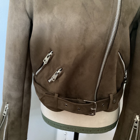 T TAHARI SIZE MEDIUM BROWN MOTO JACKET FAUX SUEDE - Picture 4 of 13